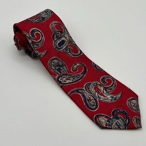 LANDS' END Necktie Men's OS Red Blue White Textured Paisley Print 100% Silk Tie